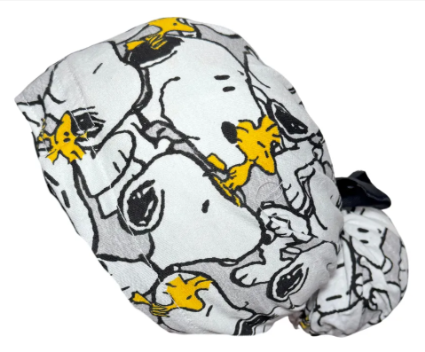 Gorro Medico Quirúrgico - Charly Brown - Snoopy - Listones - Gris - Blanco
