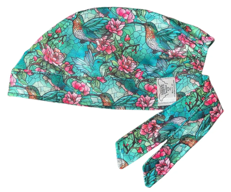 Gorro Medico Quirúrgico - Colibrí - Pintura Vitral - Azul Petróleo