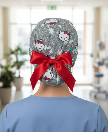 Gorro Quirúrgico - Hello Kitty - Rosa - Listón - Gris