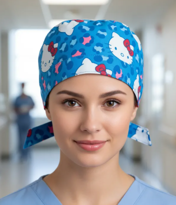 Gorro Medico Quirúrgico - Hello Kitty - Azul Claro - Cordones
