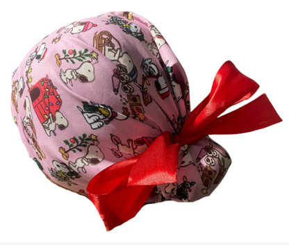 Gorro Medico Quirúrgico - Snoopy - Navidad - Rosa - Listón